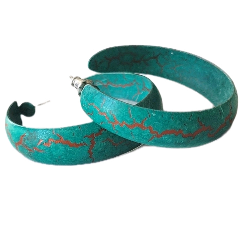 Vintage Retro Teal Hoop Post Pierced Statement Earrings Costume Jewelry